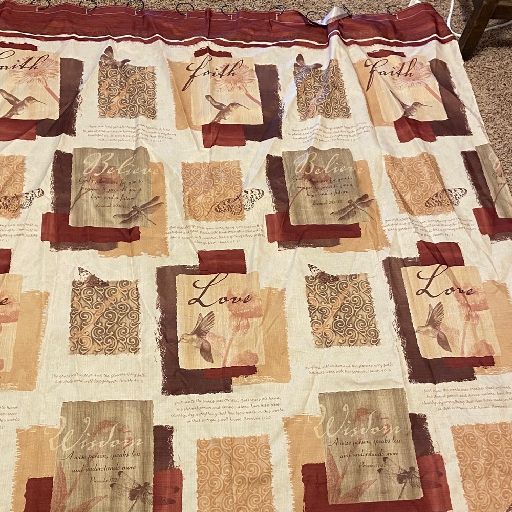 Inspirational Patchwork Shower Curtain, soap dispenser, tumbler and toothbrush h